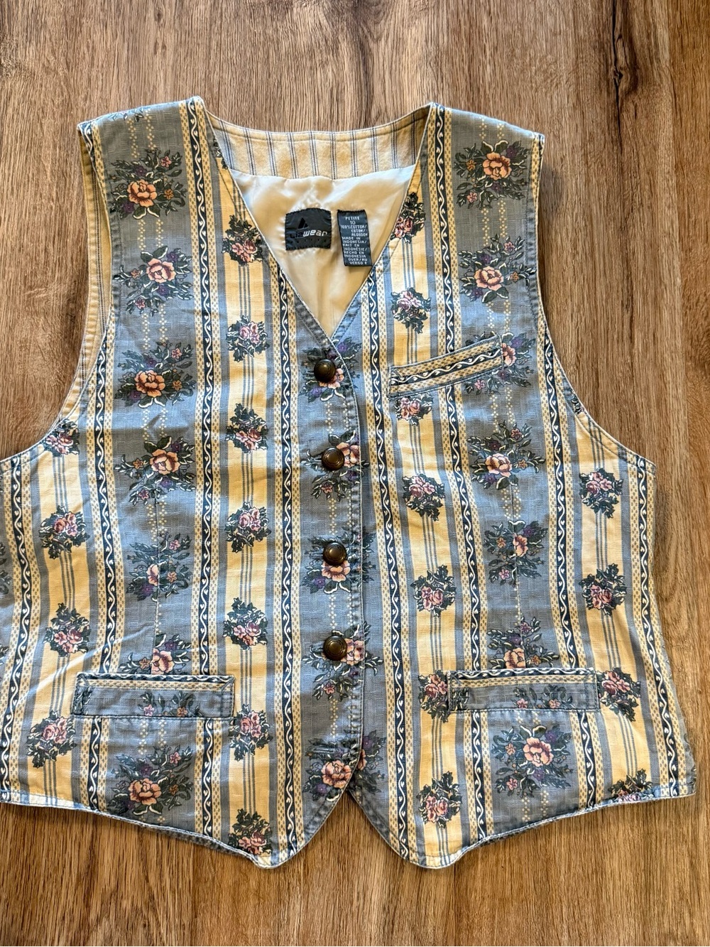 Liz Wear Vintage Vest 90s Y2K Floral Chambray Back Blue Rose Cottage Sz 10
